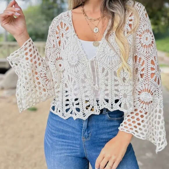 IVORY CROCHET CARDIGAN - Picture 1 of 11